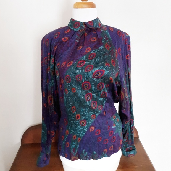 NM Only Tops - Vintage Peacock Feather Back Button Up Blouse  L